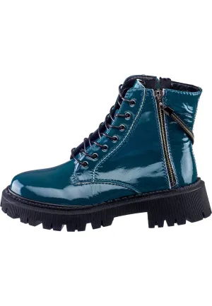 Glossy Lace-Up Ankle Boots - Blue