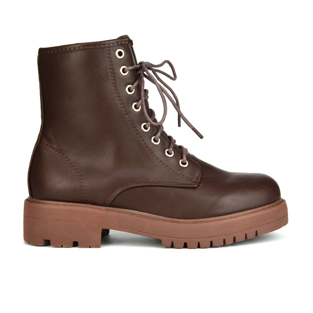 Hermoine Flat Chunky Low Block Heel Ankle Lace up Biker Boots in Brown Synthetic Leather