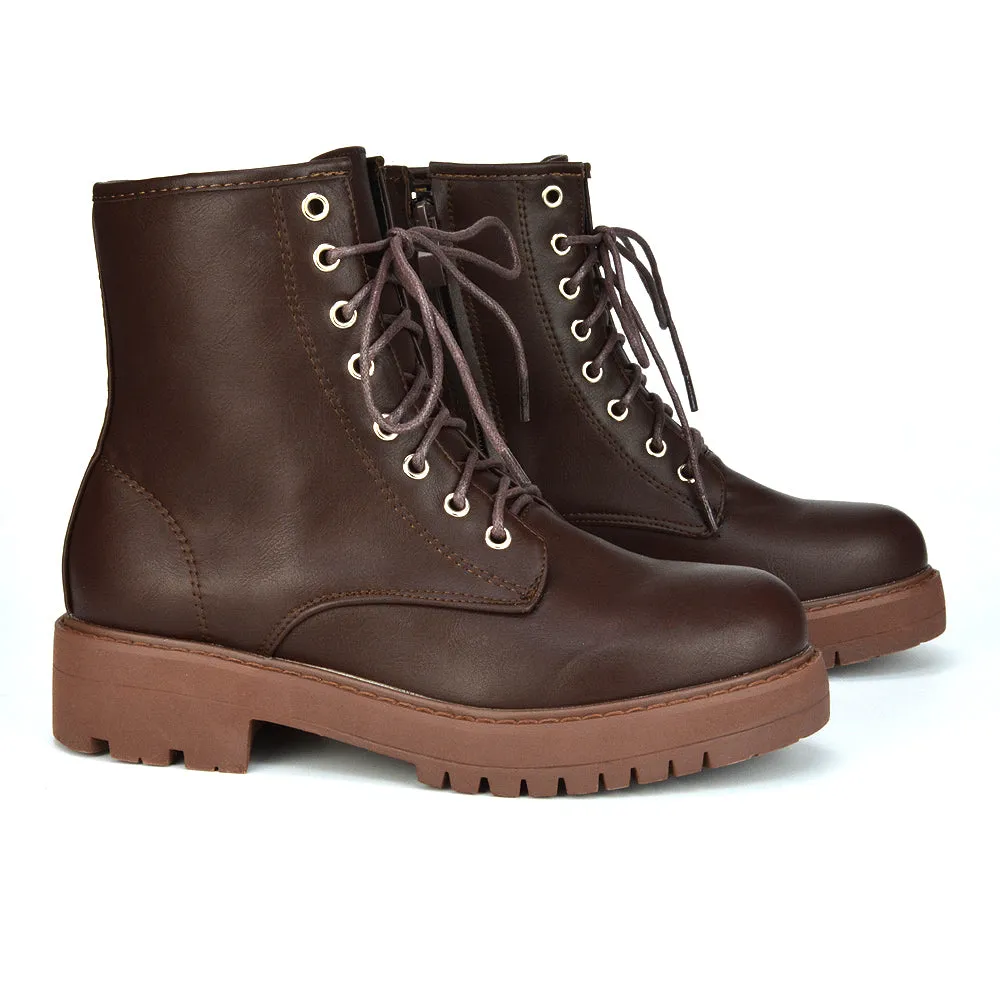 Hermoine Flat Chunky Low Block Heel Ankle Lace up Biker Boots in Brown Synthetic Leather