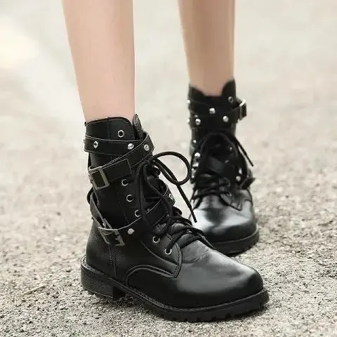 Hnzxzm Boots Elegant with Low Heels Footwear Biker Shoes for Women Mid Calf Black Work Half High Gothic Boot Goth Gyaru Y2k Hot