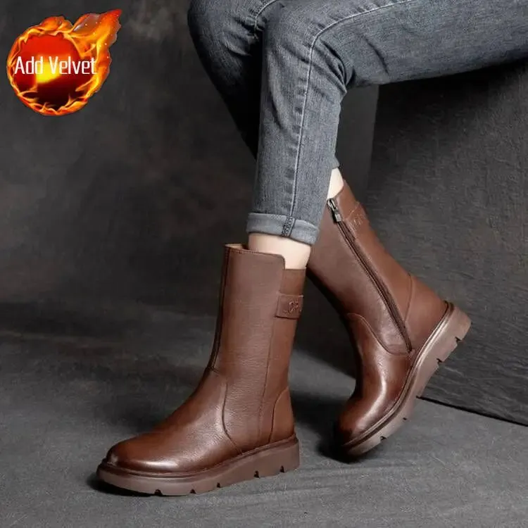 Hnzxzm Footwear Mid Calf Women's Boots Wedge Heel Biker Shoes For Woman Half High Leather Brown Fashion 2024 On Offer Korean Style Y2k