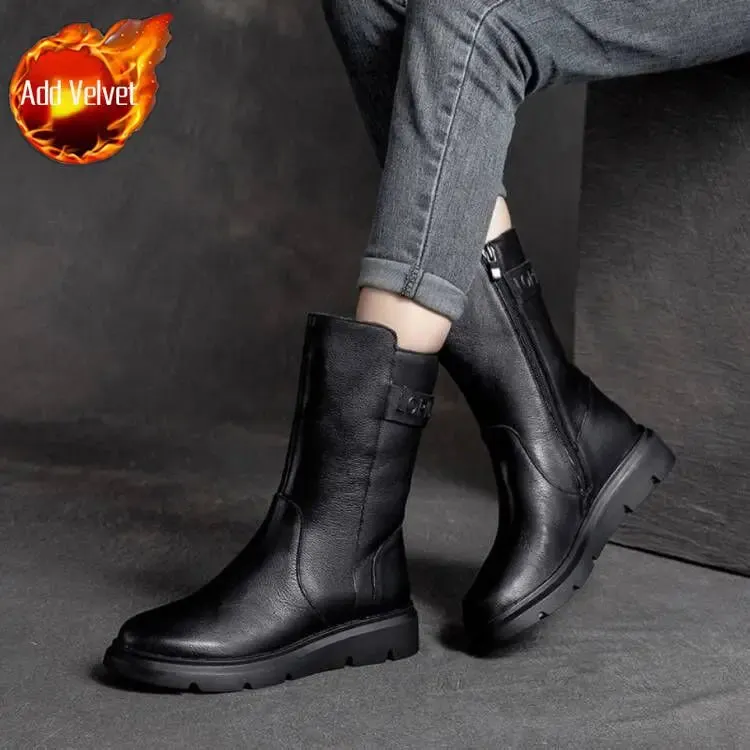 Hnzxzm Footwear Mid Calf Women's Boots Wedge Heel Biker Shoes For Woman Half High Leather Brown Fashion 2024 On Offer Korean Style Y2k