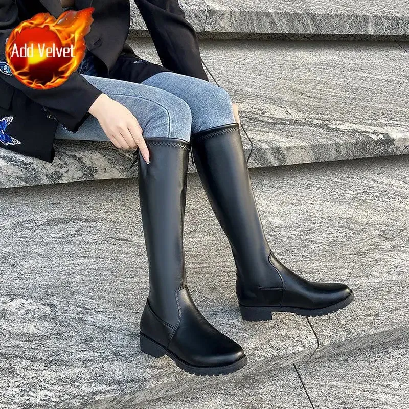 Hnzxzm Middle Heel Round Toe Women's Boots Winter Knee High Shaft Black Footwear Biker Long Shoes for Woman Y2k Hot Gyaru Sale Quality