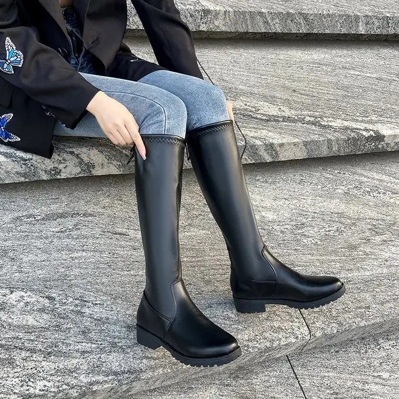 Hnzxzm Middle Heel Round Toe Women's Boots Winter Knee High Shaft Black Footwear Biker Long Shoes for Woman Y2k Hot Gyaru Sale Quality