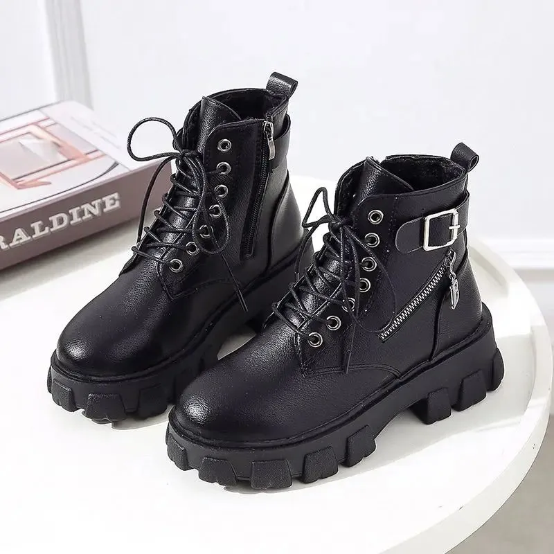 Hnzxzm Short Shoes For Woman Combat Women's Ankle Boots Biker Black Booties Punk Style Footwear Stylish Promotion Trend 2024 Goth