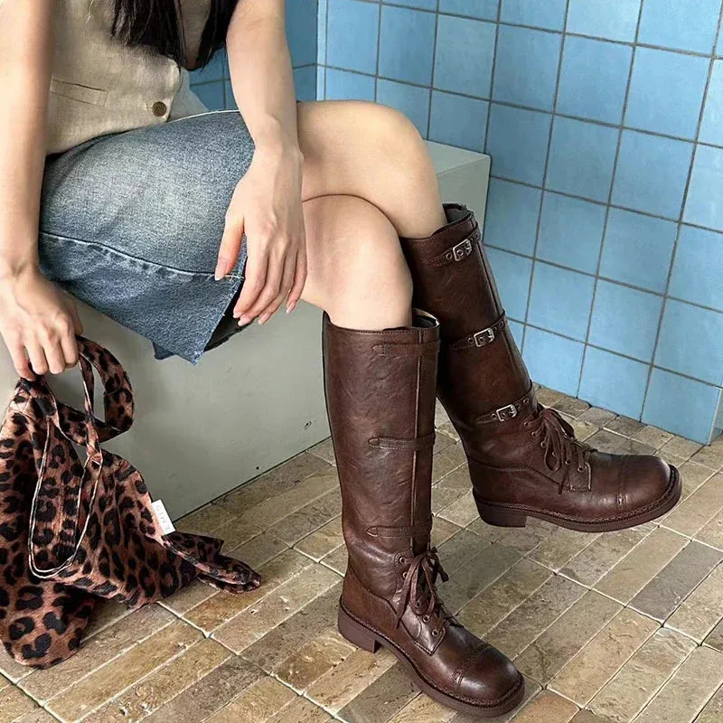 Hnzxzm Women Western Cowboy Boots Fashion Belt Buckle Low Heel Long Booties Retro Style Autumn Winter Female Biker Booties