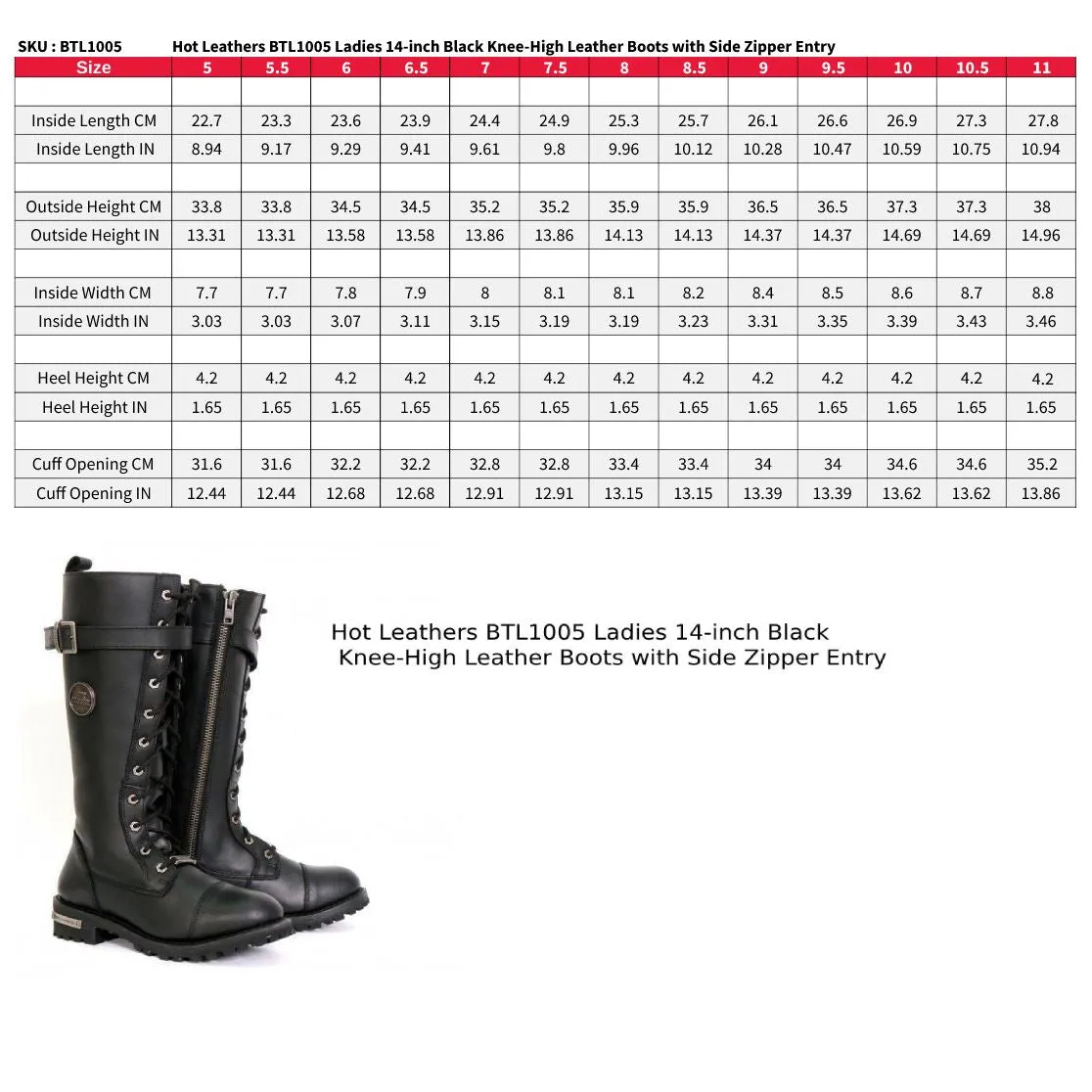 Hot Leathers BTL1005 Ladies 14-inch Black Knee-High Leather Boots with