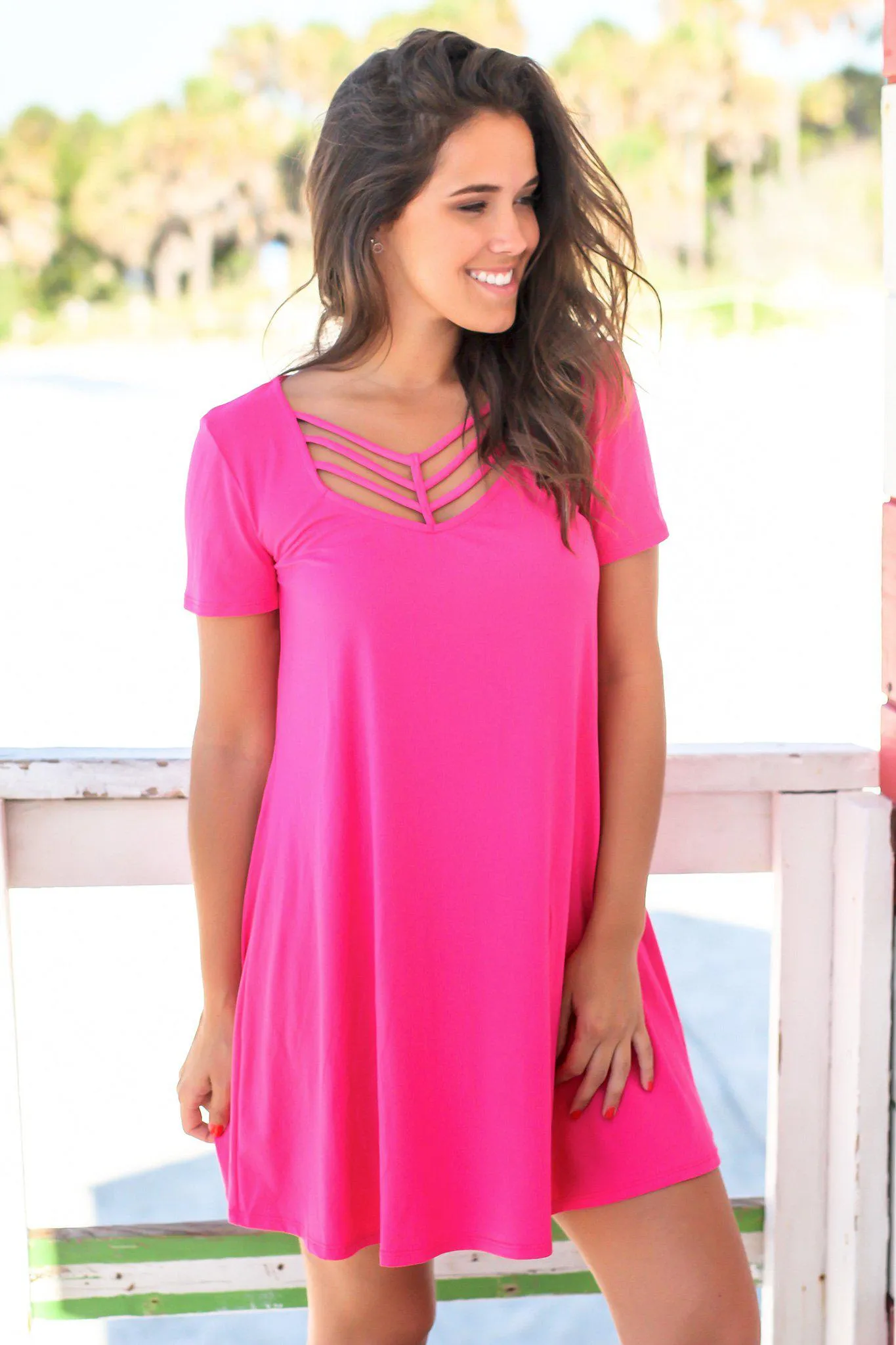 Hot Pink Short Sleeve Strappy Short Dress