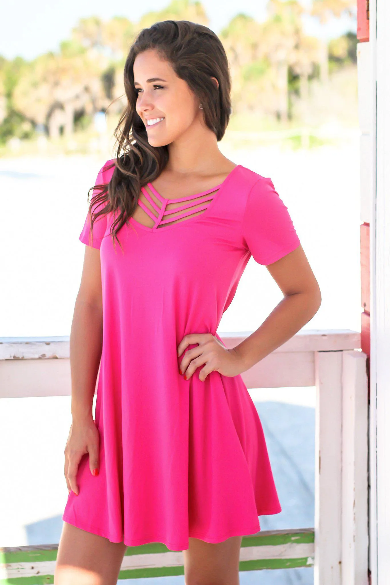 Hot Pink Short Sleeve Strappy Short Dress