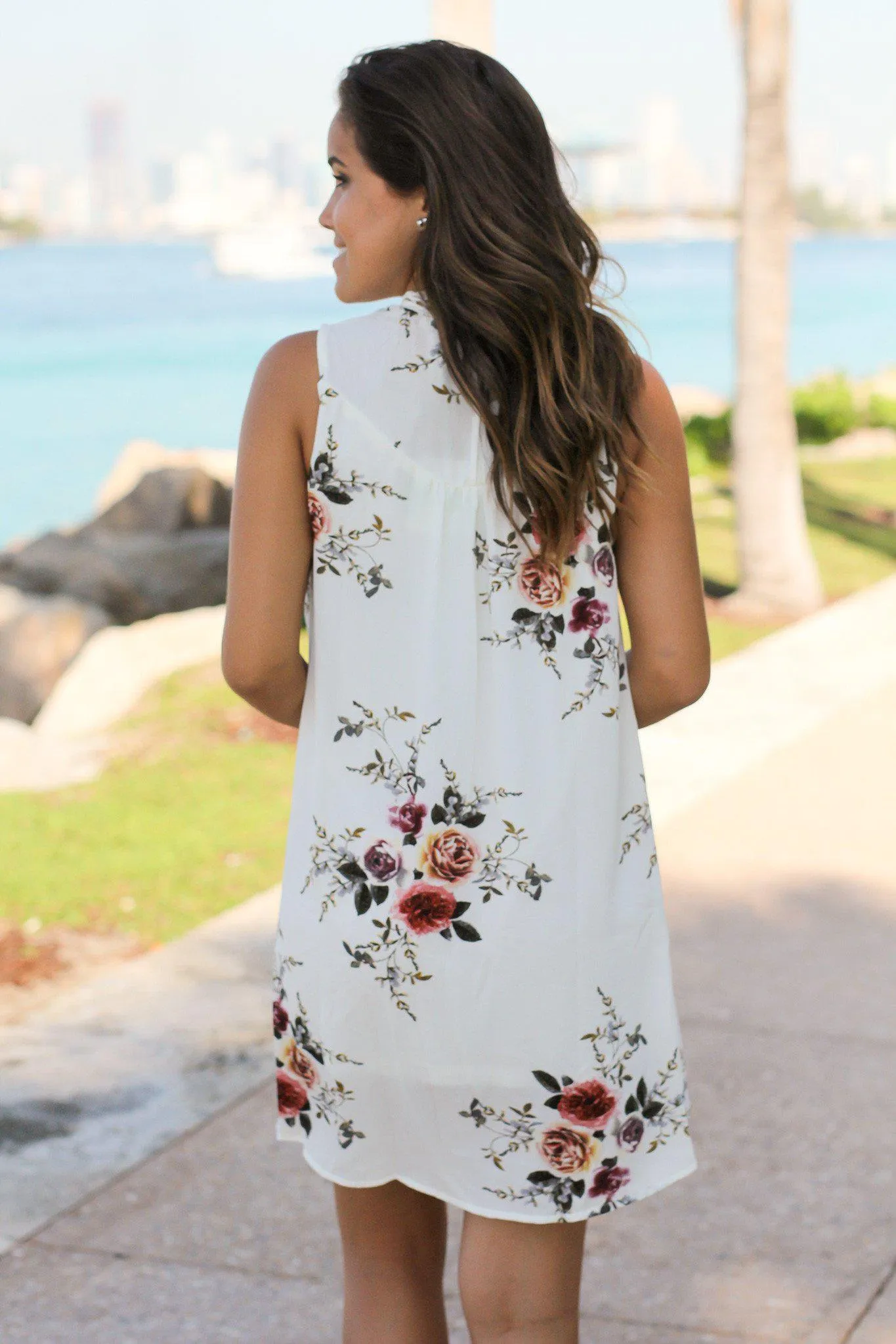 Ivory Floral Short Dress with Crochet Detail