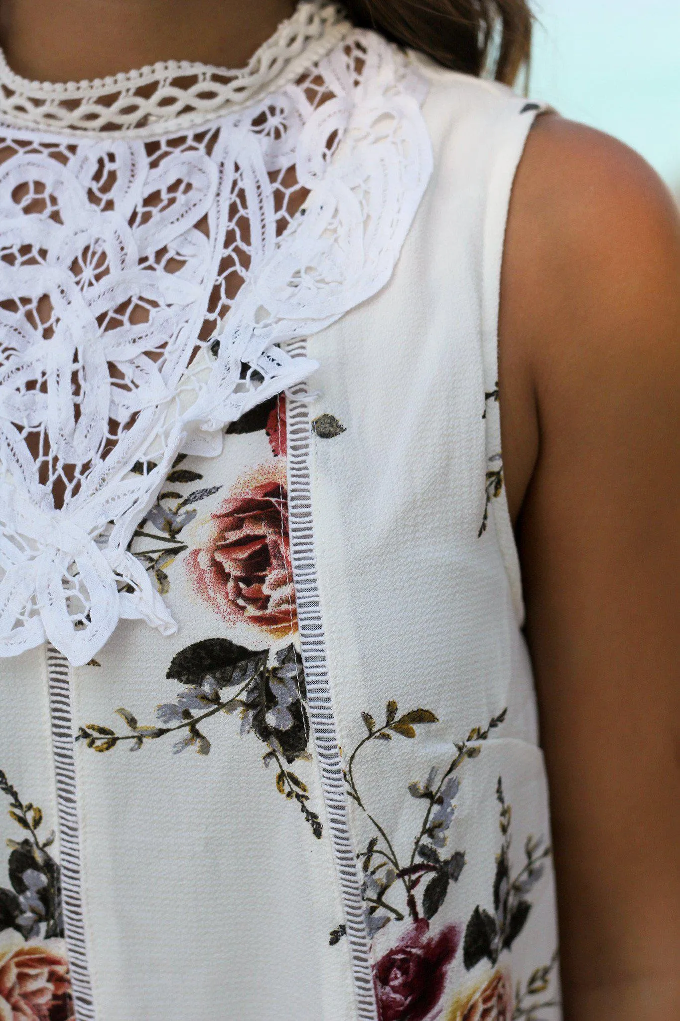 Ivory Floral Short Dress with Crochet Detail