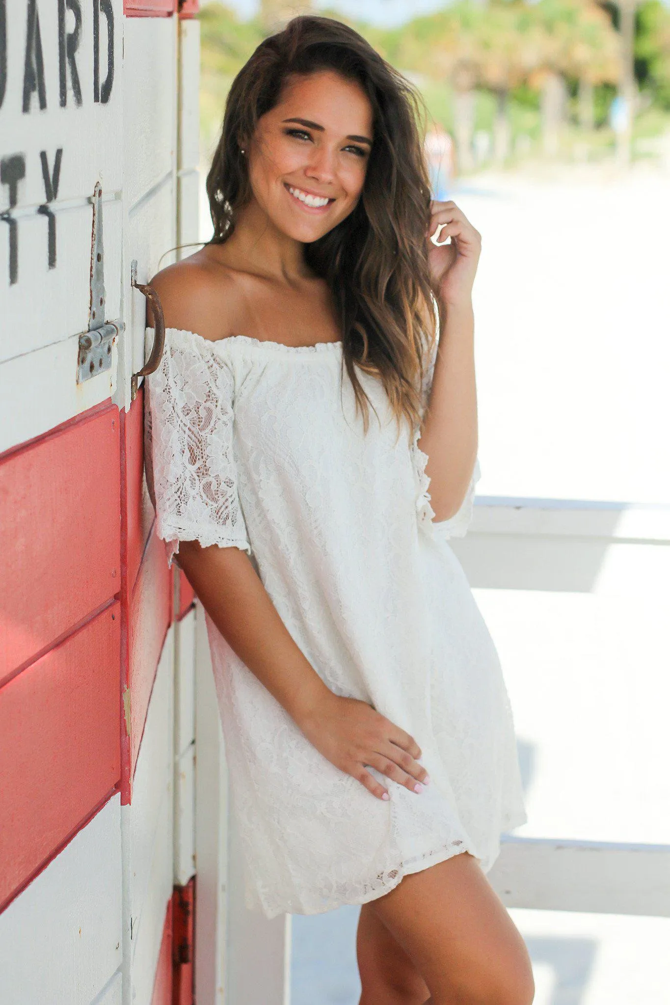 Ivory Lace Off Shoulder Short Dress