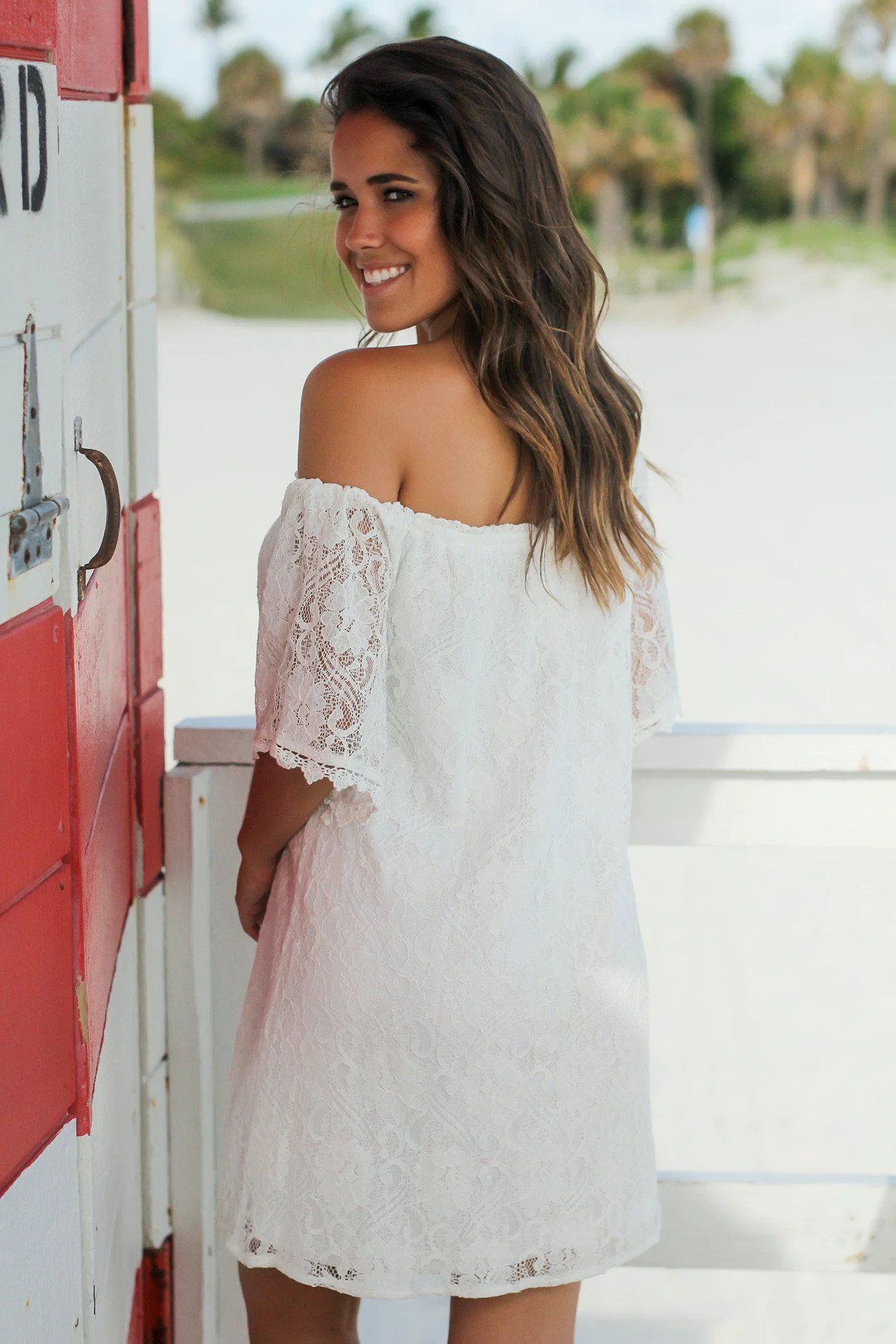 Ivory Lace Off Shoulder Short Dress