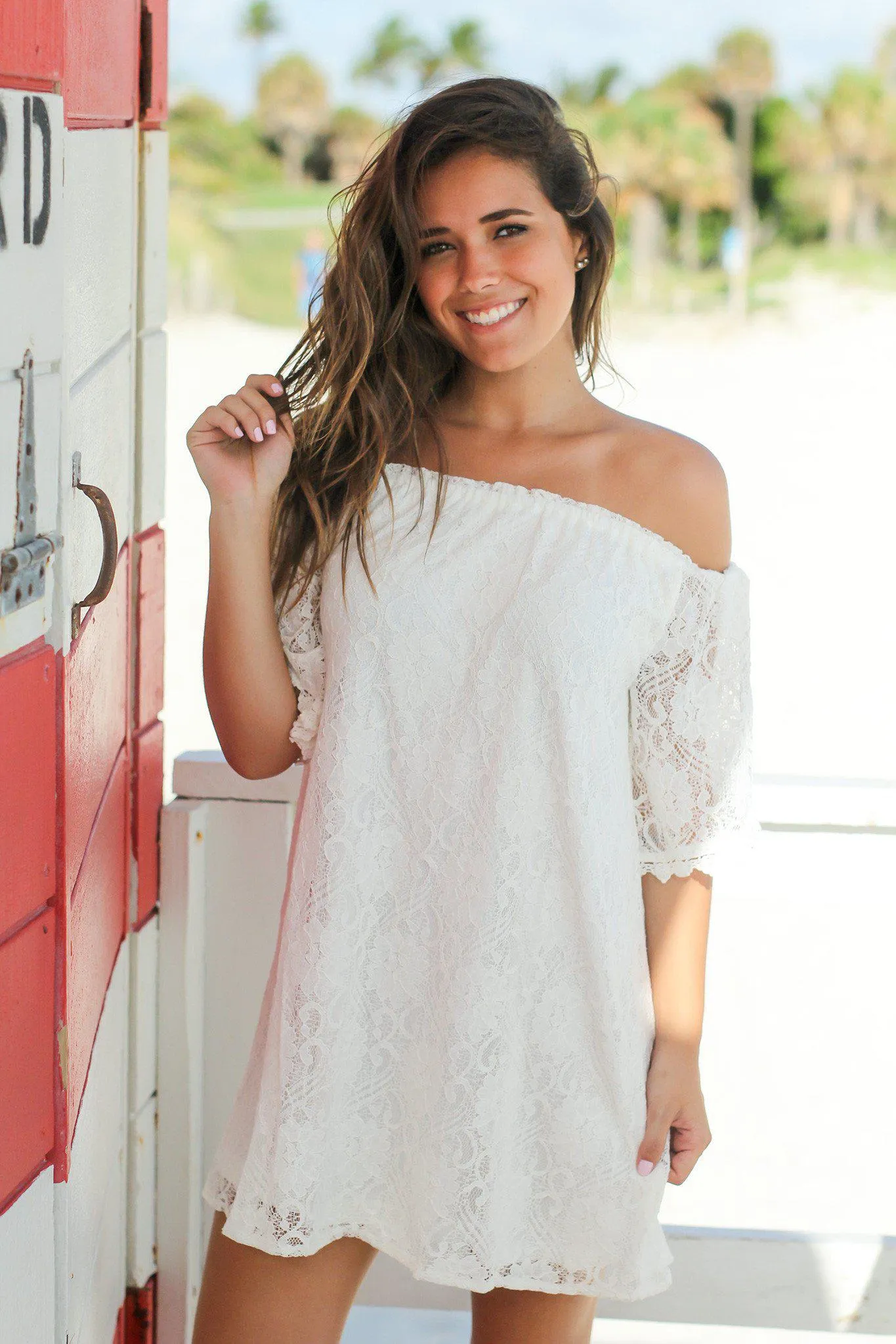 Ivory Lace Off Shoulder Short Dress