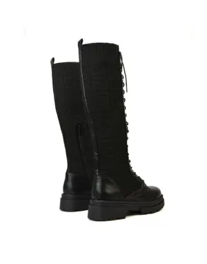 Jayne Stretchy Sock Chunky Combat Lace Up Knee High Biker Boots in Black Synthetic Leather