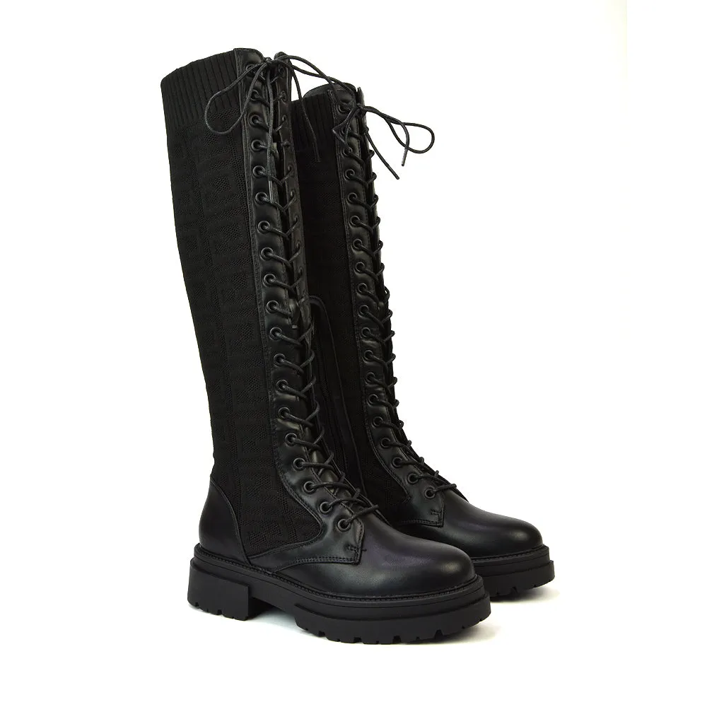 Jayne Stretchy Sock Chunky Combat Lace Up Knee High Biker Boots in Black Synthetic Leather