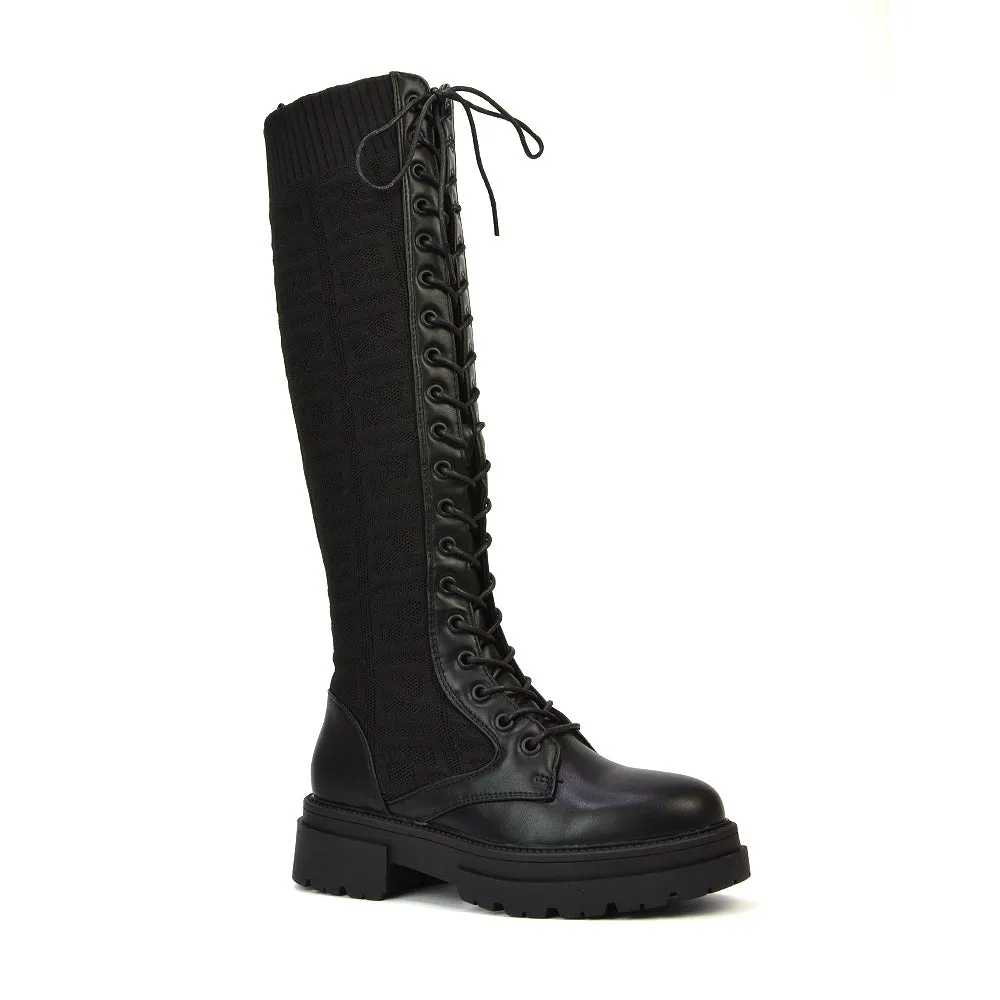 Jayne Stretchy Sock Chunky Combat Lace Up Knee High Biker Boots in Black Synthetic Leather