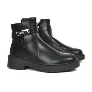 Jodie Chunky Sole Biker Ankle Boots Inside Zip in Black Synthetic Leather