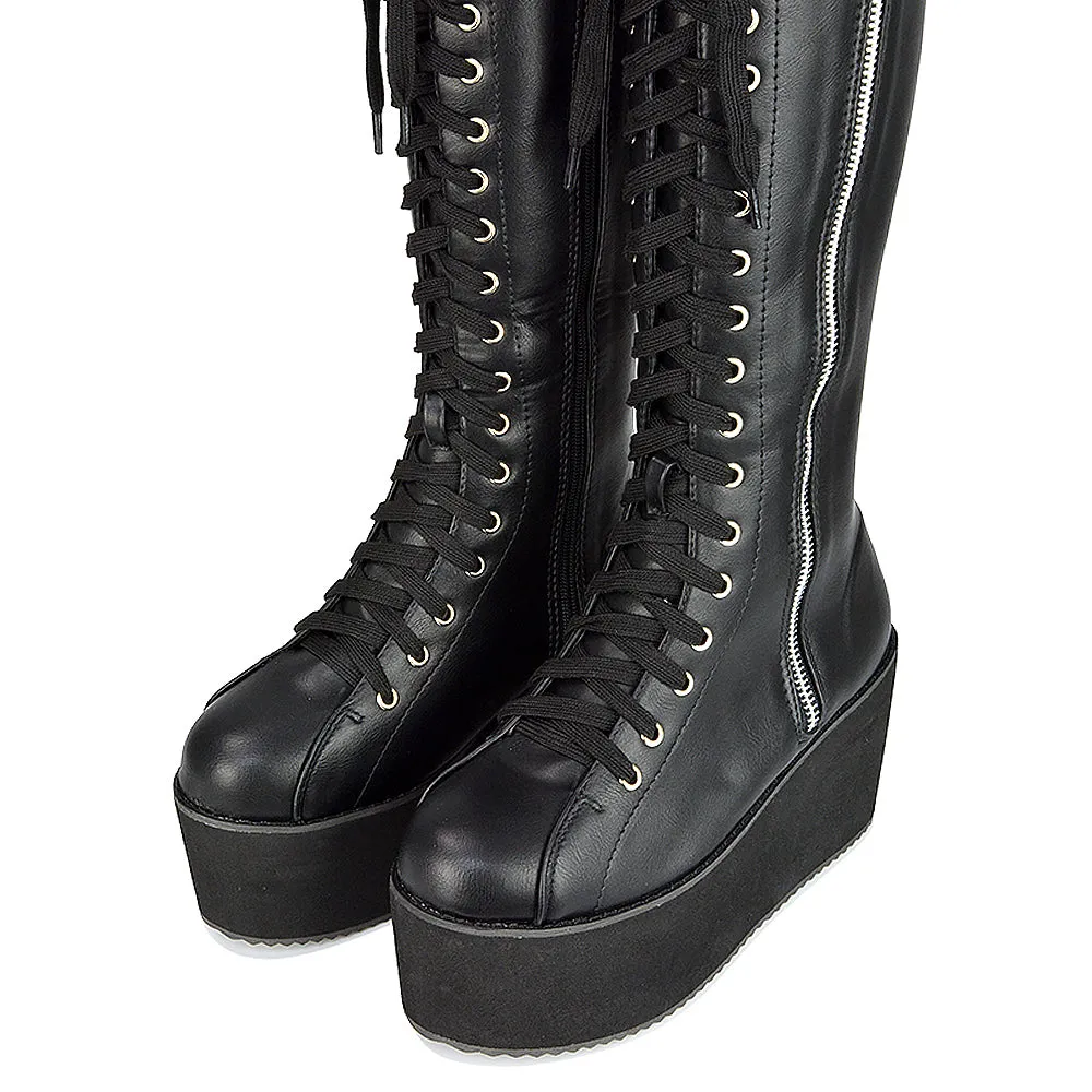 Kalani Platform Knee High Boots Lace Up Goth With Deco Zip In Black Vegan Synthetic Leather