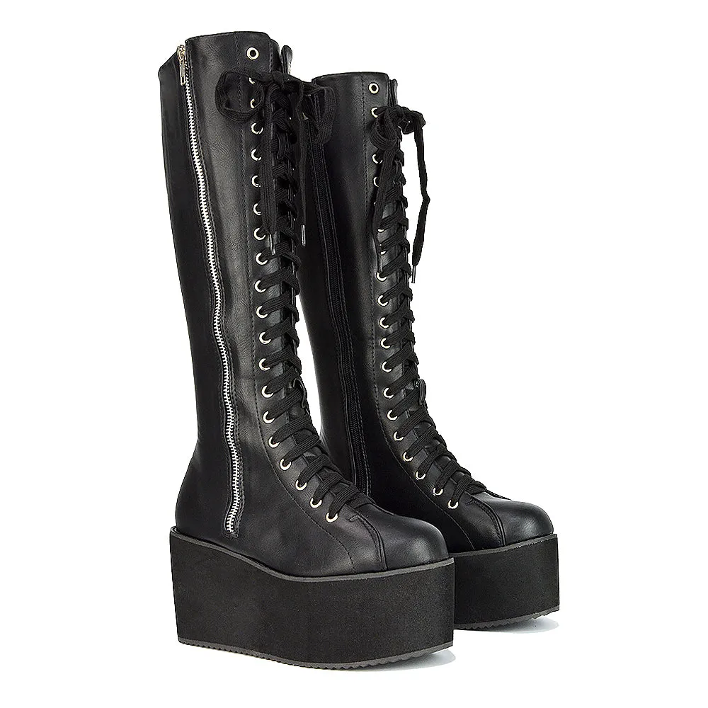 Kalani Platform Knee High Boots Lace Up Goth With Deco Zip In Black Vegan Synthetic Leather