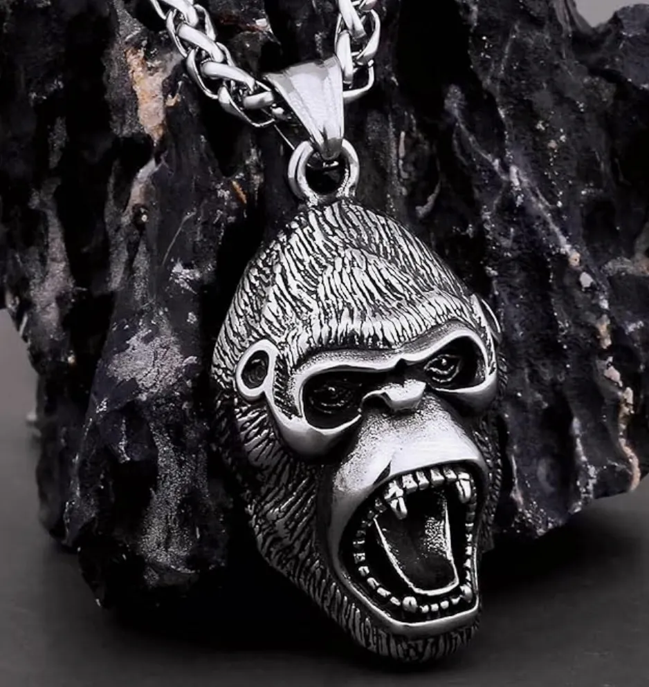 King Ape Head Pendant Gorilla Face Chain Monkey Jewelry Silver Stainless Steel 24in.