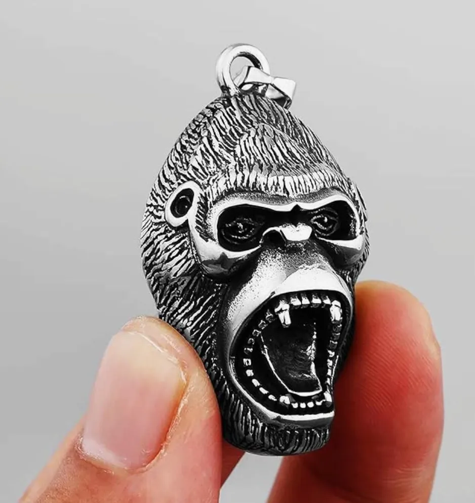 King Ape Head Pendant Gorilla Face Chain Monkey Jewelry Silver Stainless Steel 24in.