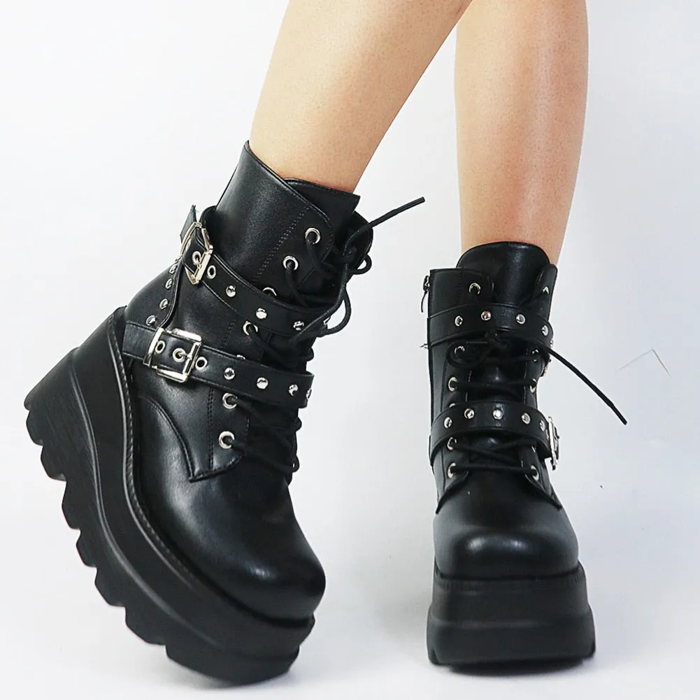 Ladies Mixed Colors Platform Boots Rivet Buckle Wedges High Heels women's Boots