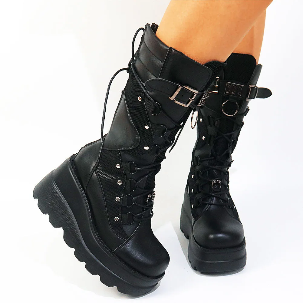 Ladies Mixed Colors Platform Boots Rivet Buckle Wedges High Heels women's Boots