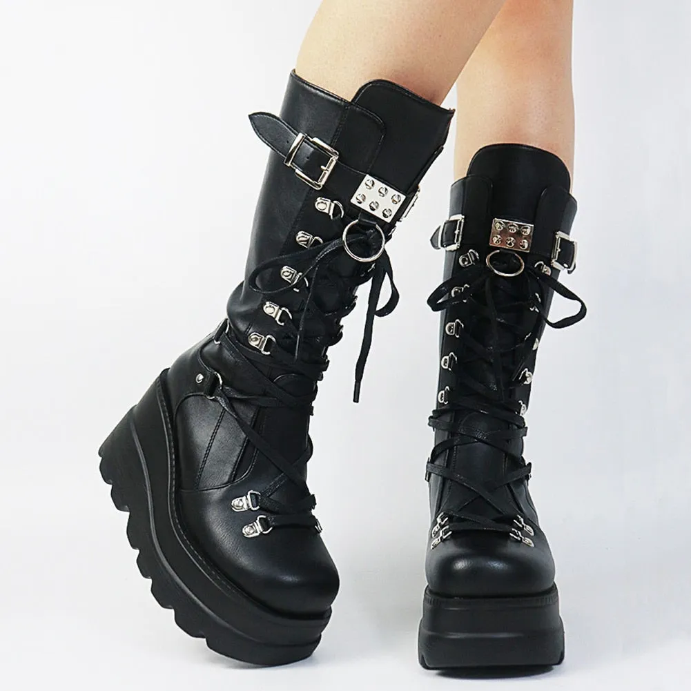 Ladies Mixed Colors Platform Boots Rivet Buckle Wedges High Heels women's Boots