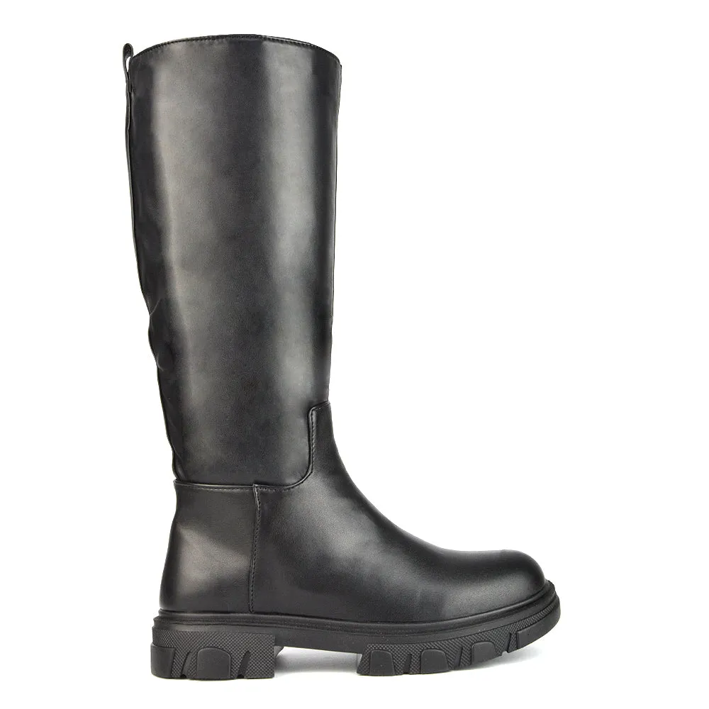 Lainey Chunky Sole Calf High Knee High Biker Boots in Black Synthetic Leather