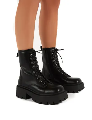 Leader Black Lace Up Chunky Sole Biker Boots