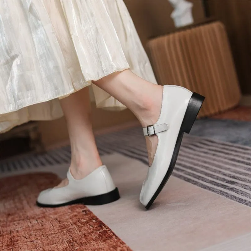 Leather Split Toe Mary Jane Low Block Heel in White/Black