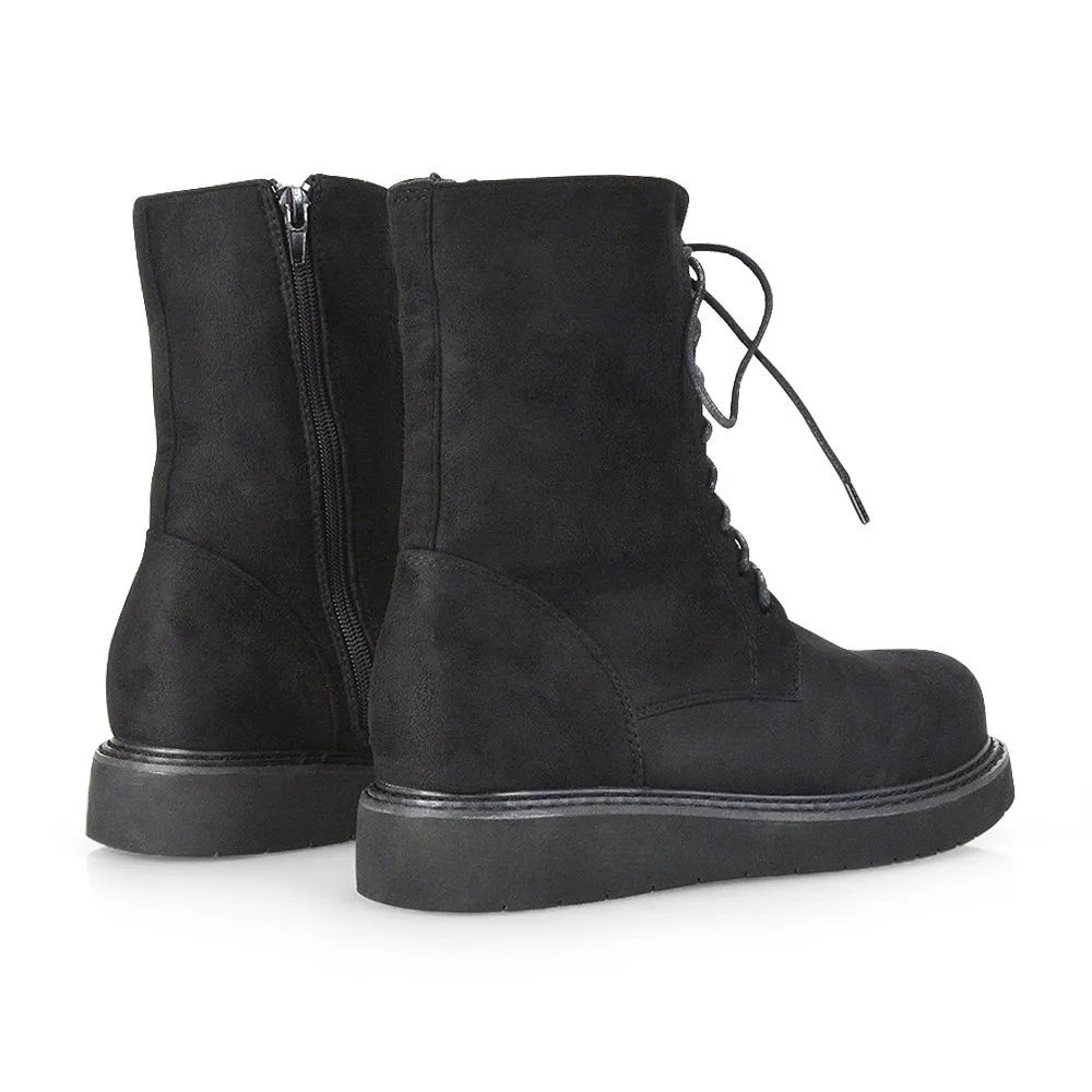 Lizzo Flat Chunky Sole Platform Zip-Up Flatform Lace up Ankle Biker Boots in Black Faux Suede