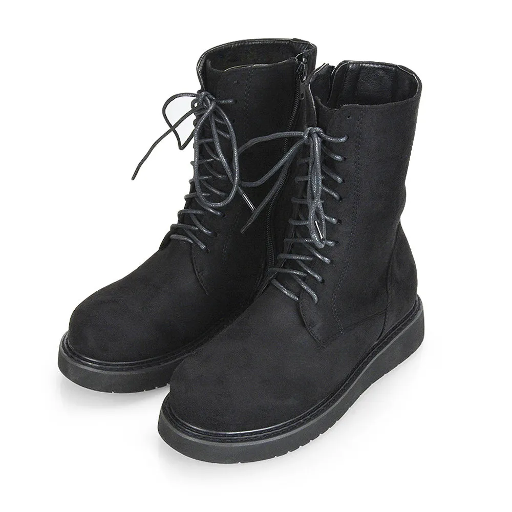 Lizzo Flat Chunky Sole Platform Zip-Up Flatform Lace up Ankle Biker Boots in Black Faux Suede