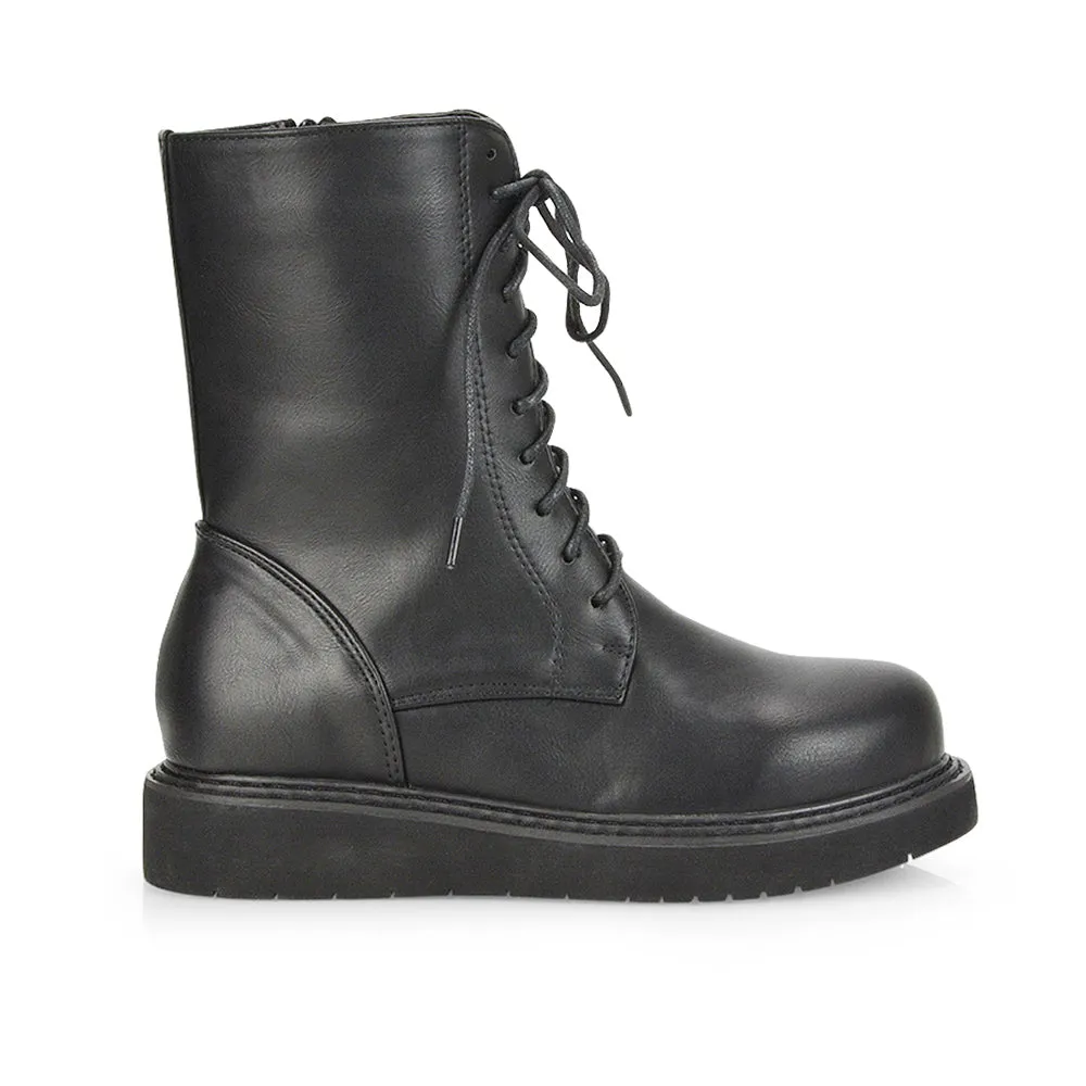 Lizzo Flat Chunky Sole Platform Zip-Up Flatform Lace up Ankle Biker Boots in Black Faux Suede