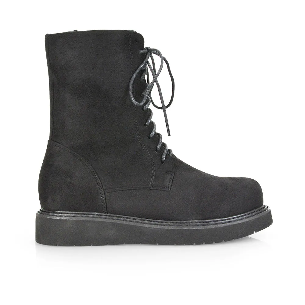 Lizzo Flat Chunky Sole Platform Zip-Up Flatform Lace up Ankle Biker Boots in Black Faux Suede