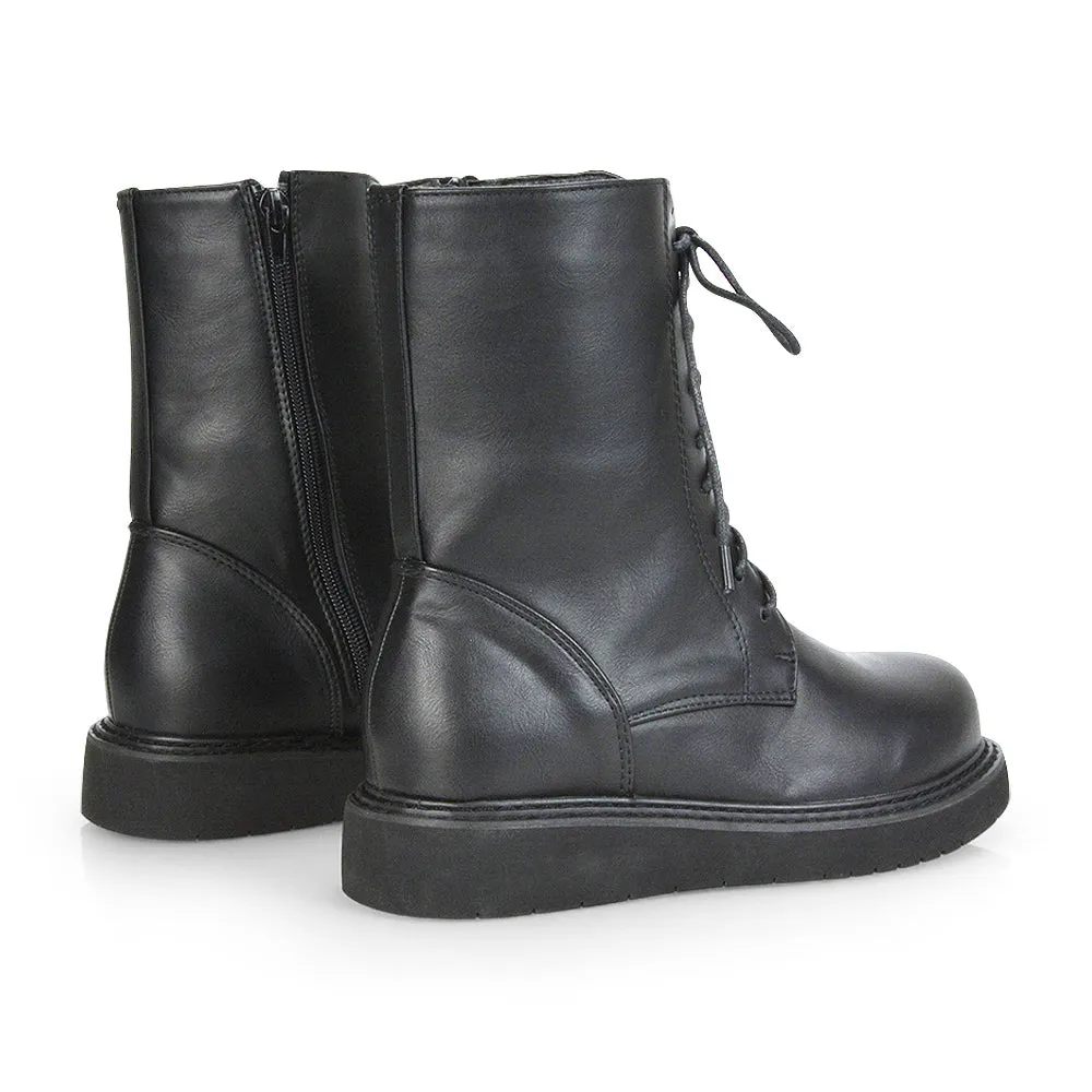 Lizzo Flat Chunky Sole Platform Zip-Up Flatform Lace up Ankle Biker Boots in Black Faux Suede