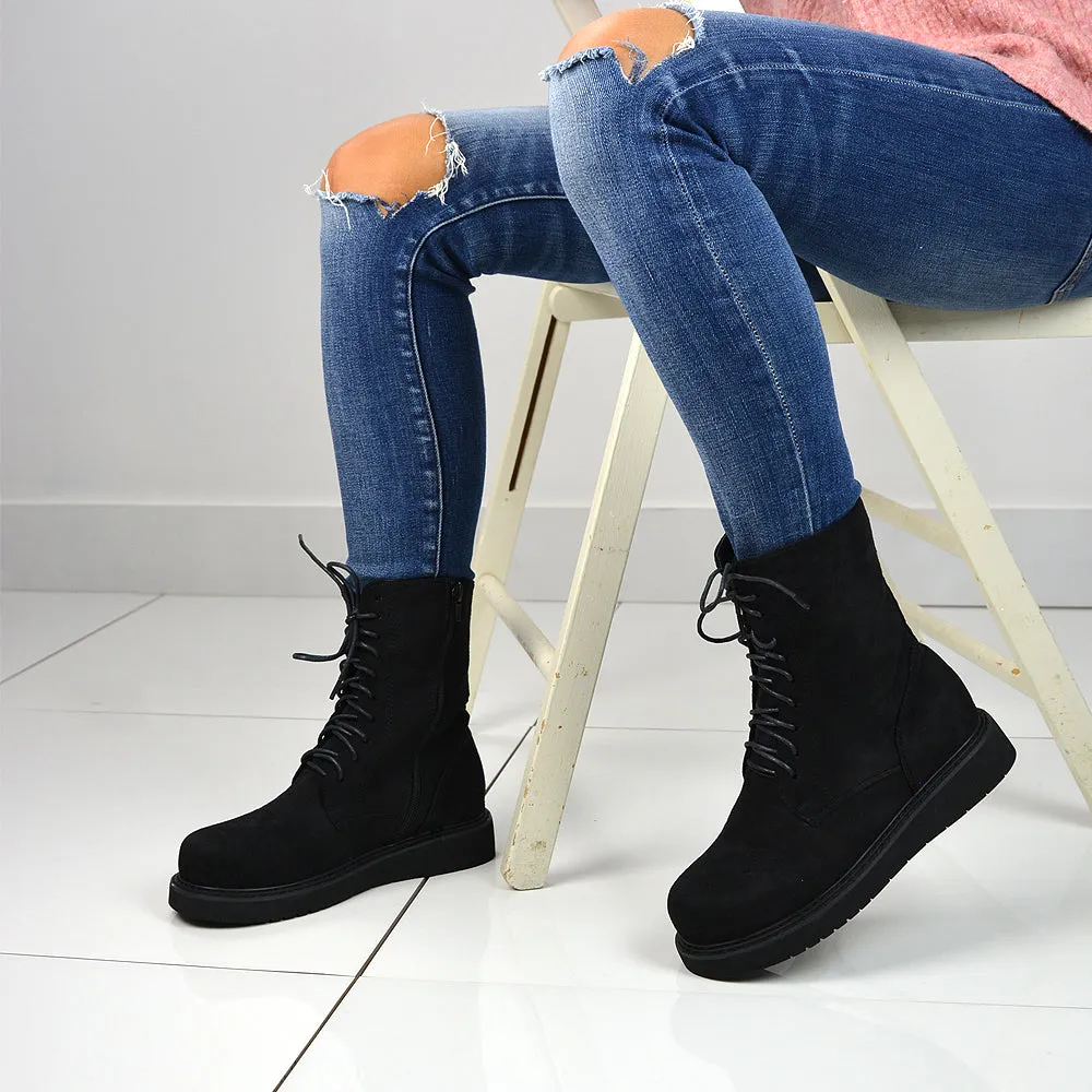 Lizzo Flat Chunky Sole Platform Zip-Up Flatform Lace up Ankle Biker Boots in Black Faux Suede