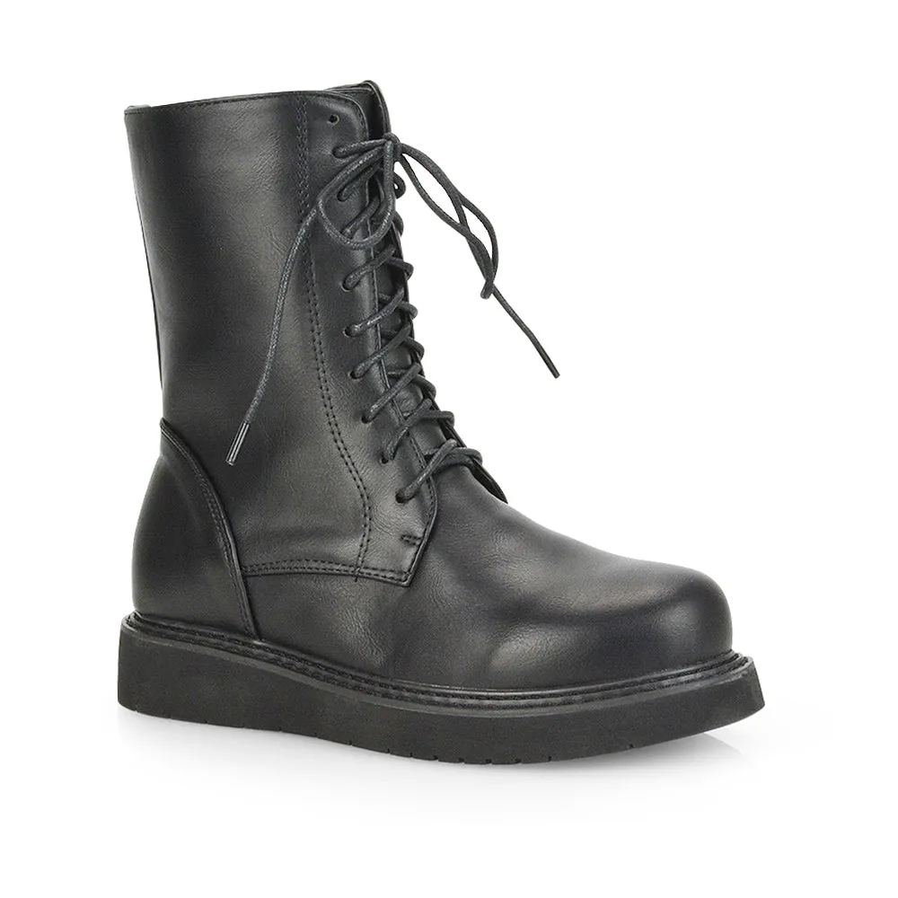 Lizzo Flat Chunky Sole Platform Zip-Up Flatform Lace up Ankle Biker Boots in Black Faux Suede