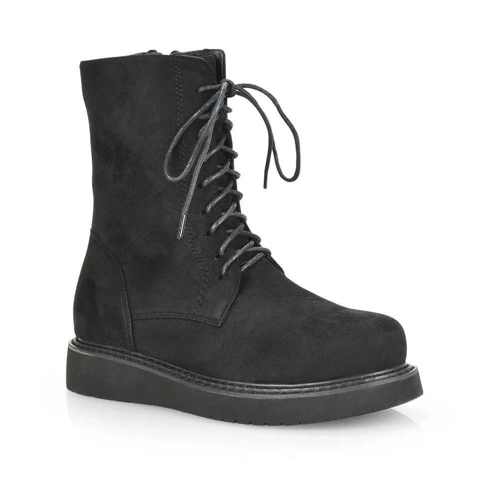 Lizzo Flat Chunky Sole Platform Zip-Up Flatform Lace up Ankle Biker Boots in Black Faux Suede