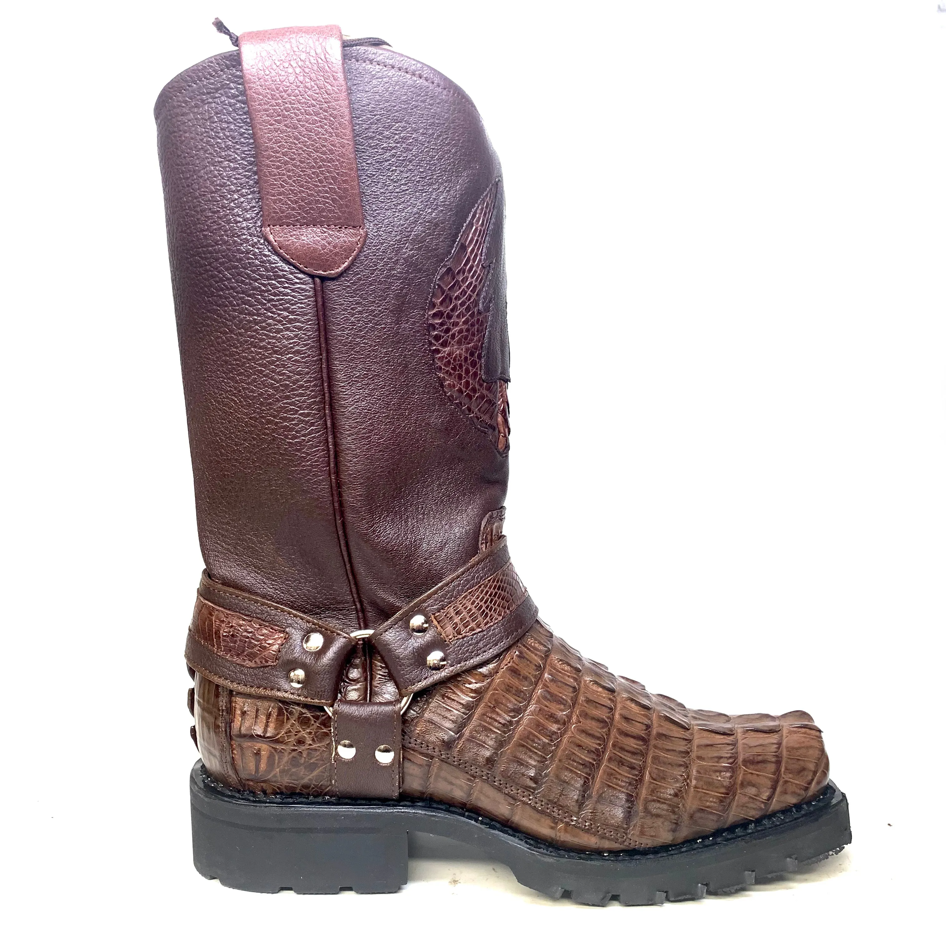 Los Altos Brown Harness Crocodile Biker Boots