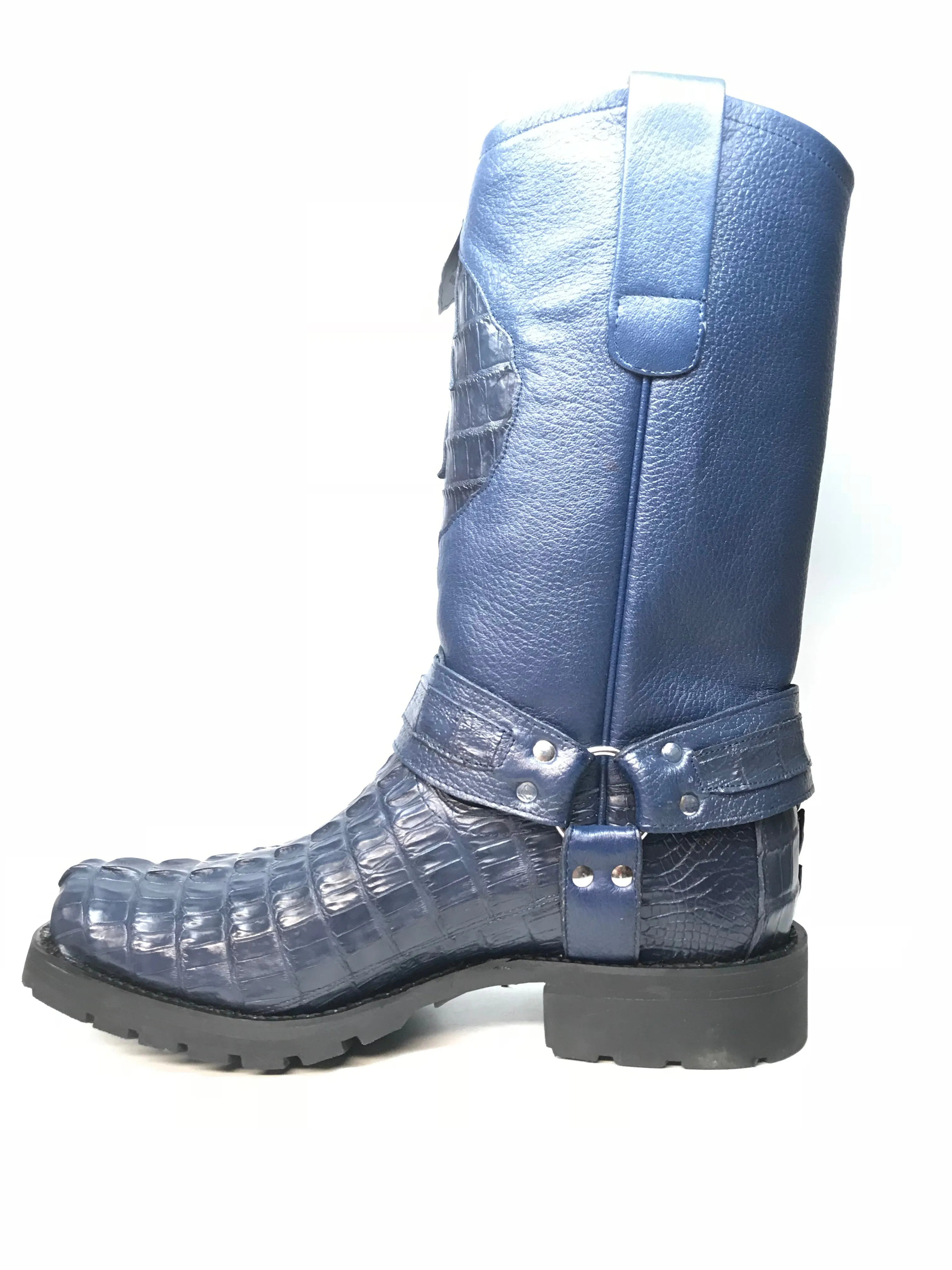 Los Altos Harness Navy Crocodile Biker Boots