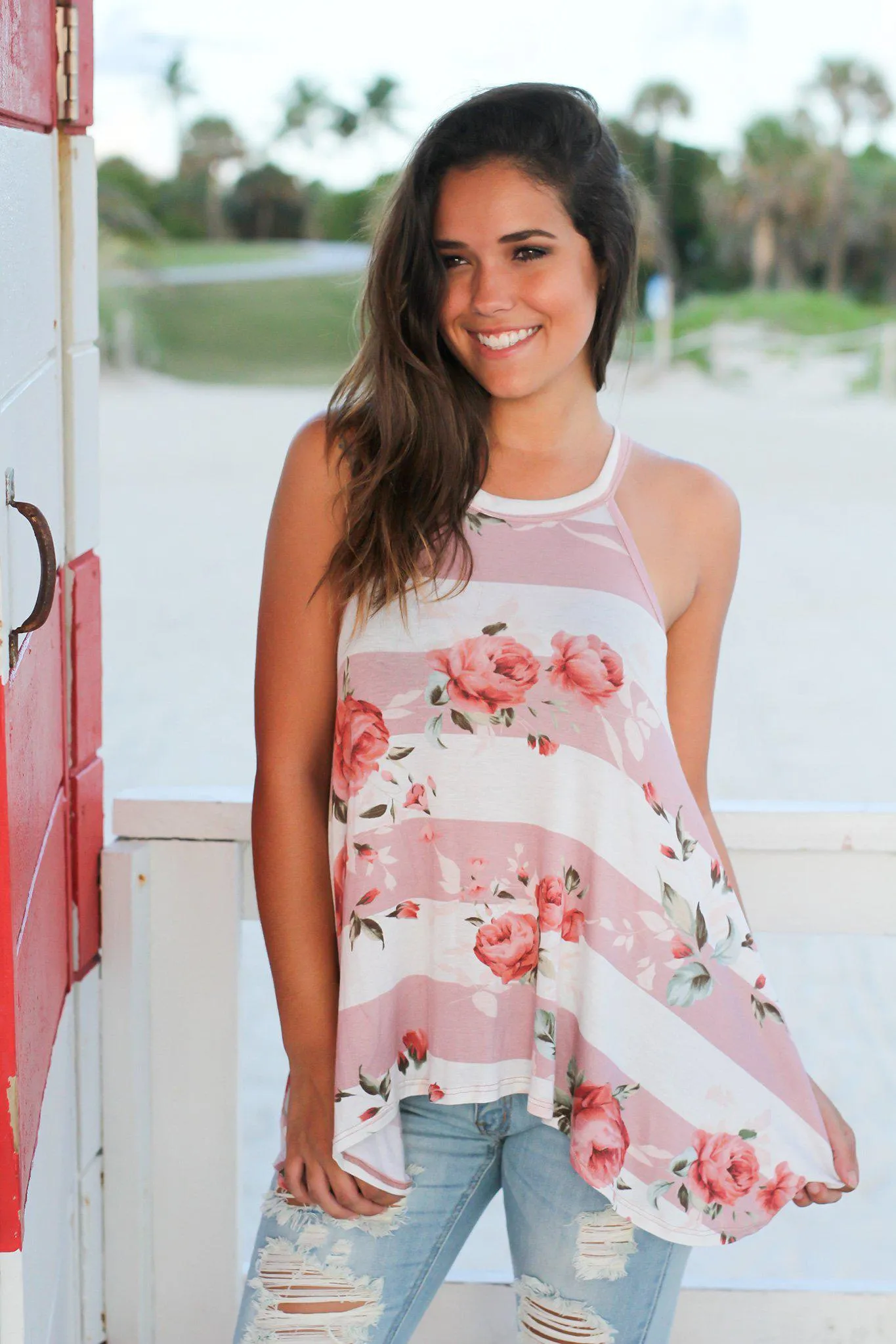 Mauve and Ivory Floral Striped Racerback Top