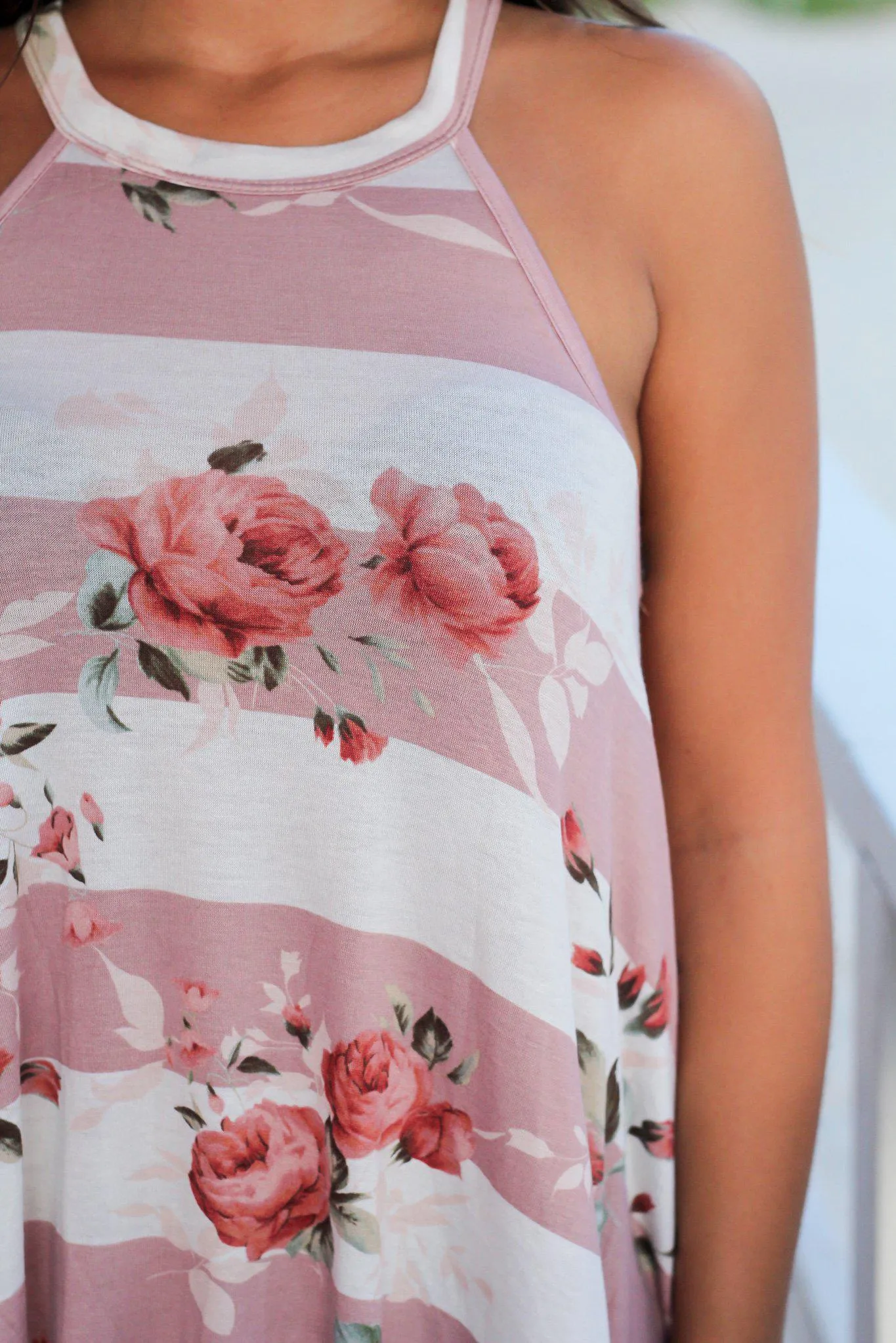 Mauve and Ivory Floral Striped Racerback Top