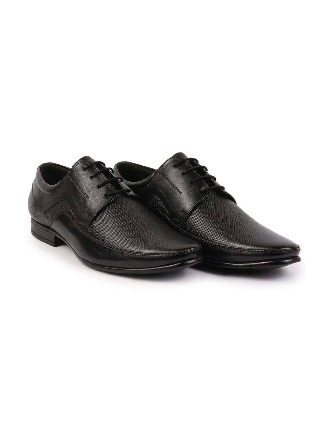 Men Black Genuine Leather Textured Formal Lace Up Derby Shoes For Office|Work