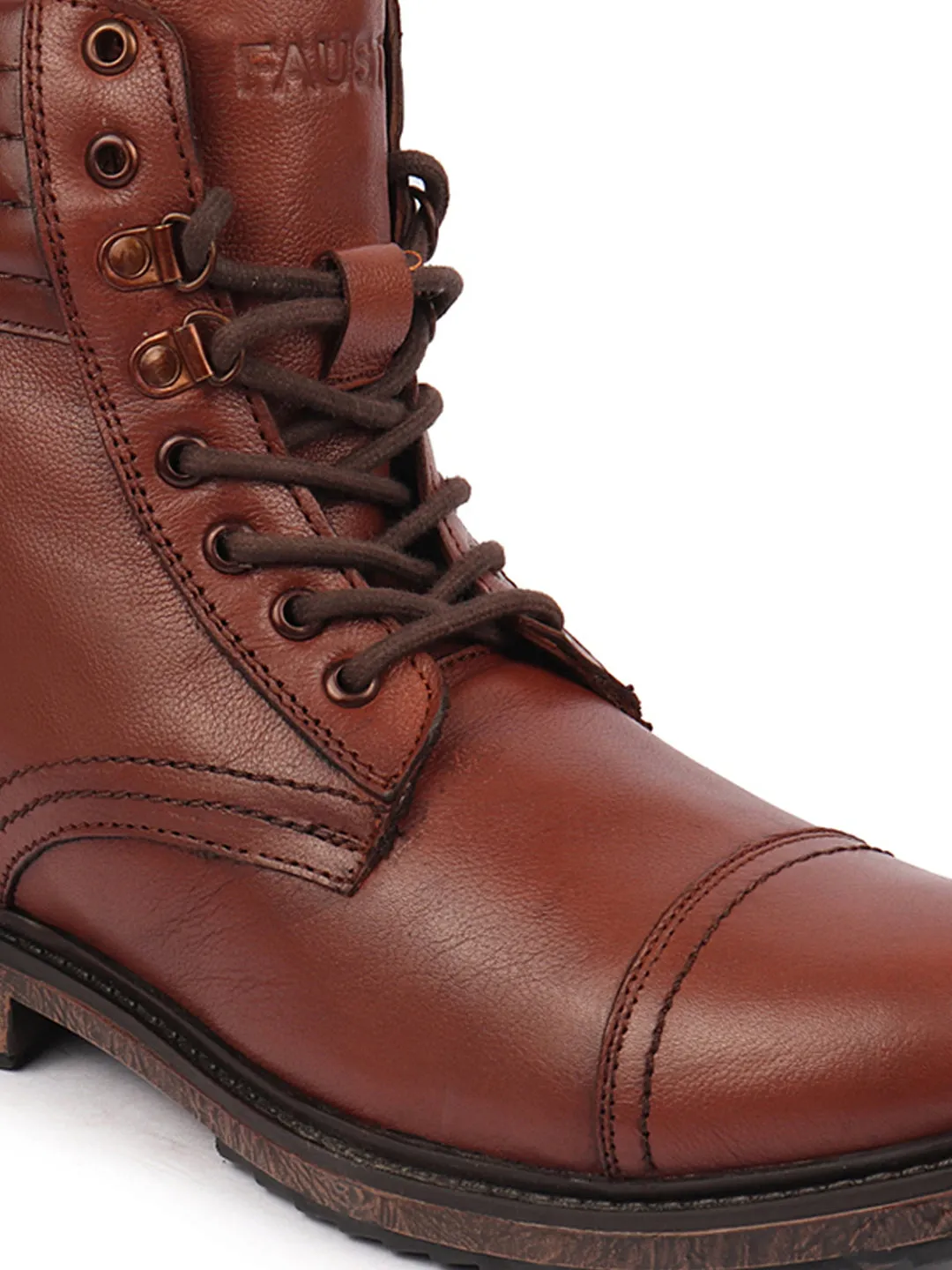 Men Tan High Ankle Genuine Leather 8-Eye Lace Up Cap Toe Welted Sole Winter Biker Boots