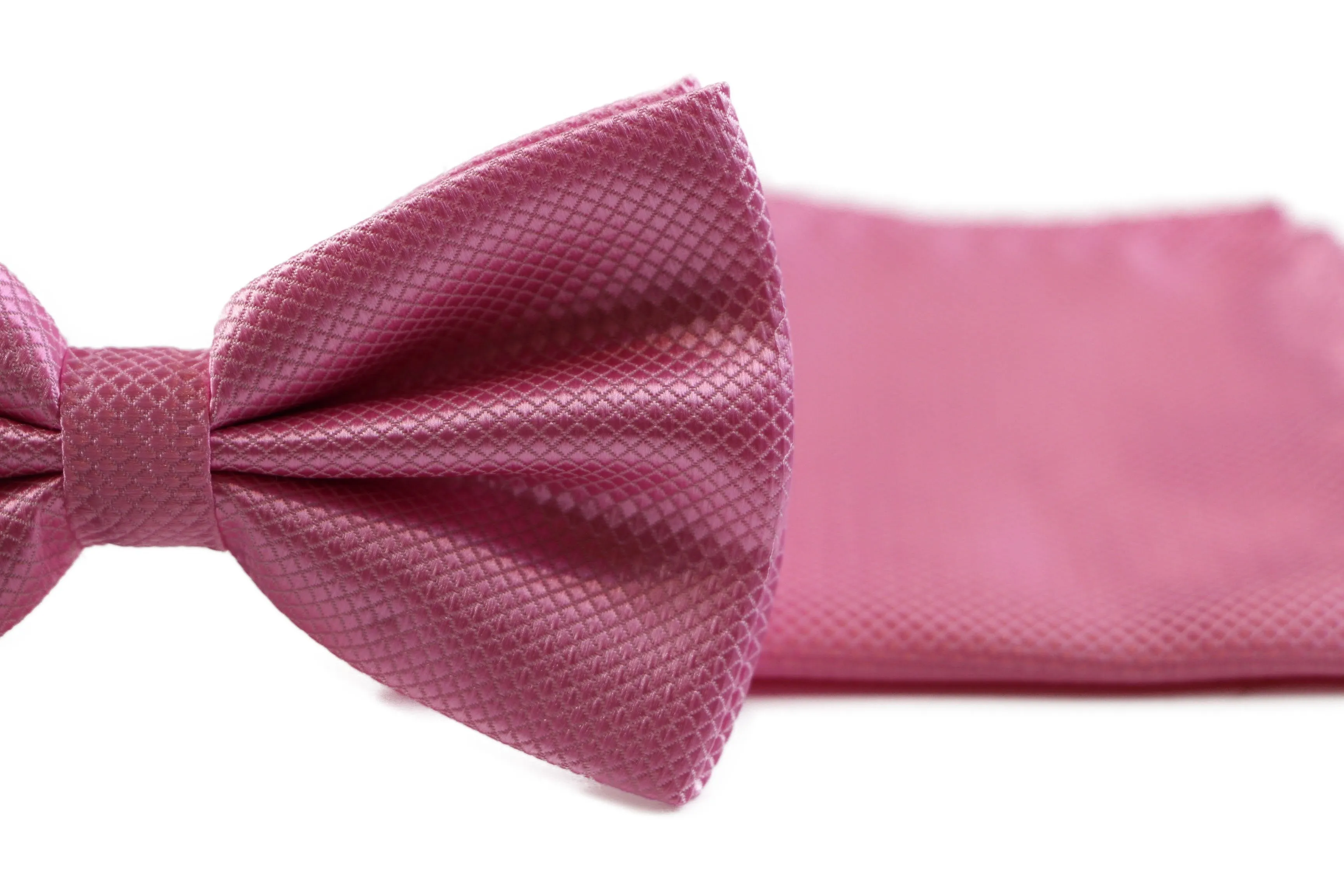 Mens Baby Pink Plain Coloured Checkered Bow Tie & Matching Pocket Square Set