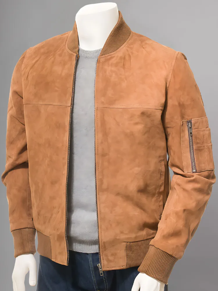 Mens Biker Distressed Suede Camel Leather Jacket