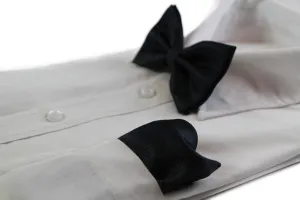 Mens Black Plain Coloured Checkered Bow Tie & Matching Pocket Square Set