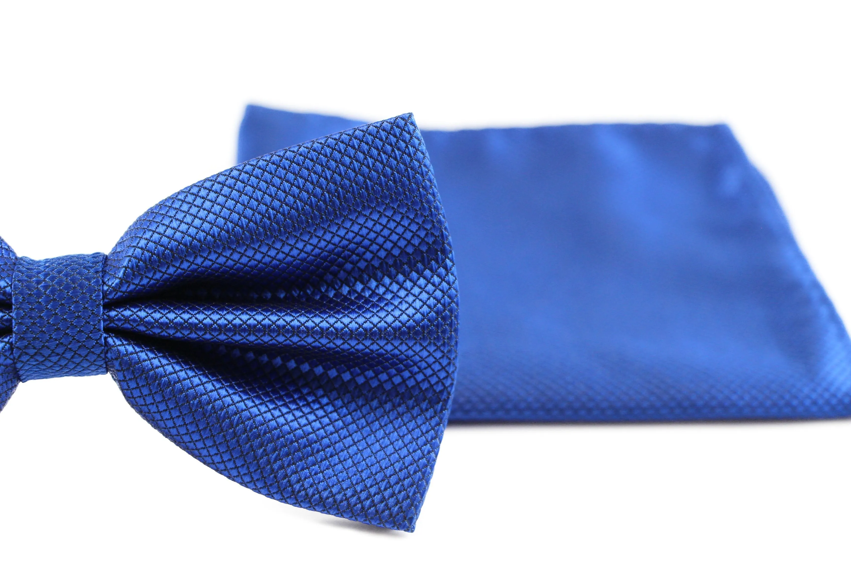 Mens Blue Plain Coloured Checkered Bow Tie & Matching Pocket Square Set